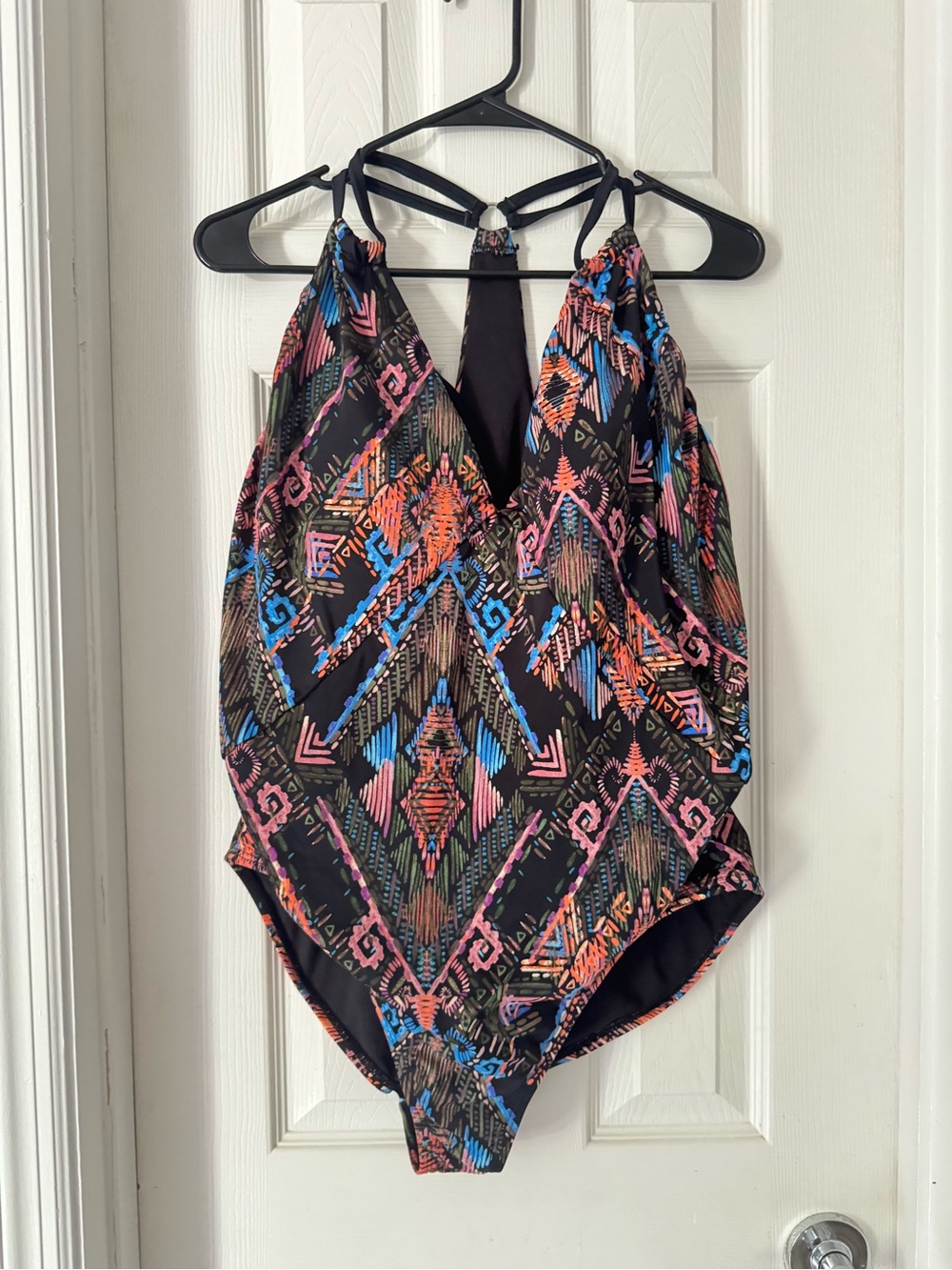Time and Tru Black One-Piece Swimsuit with Pink, Blue & Orange Aztec Print